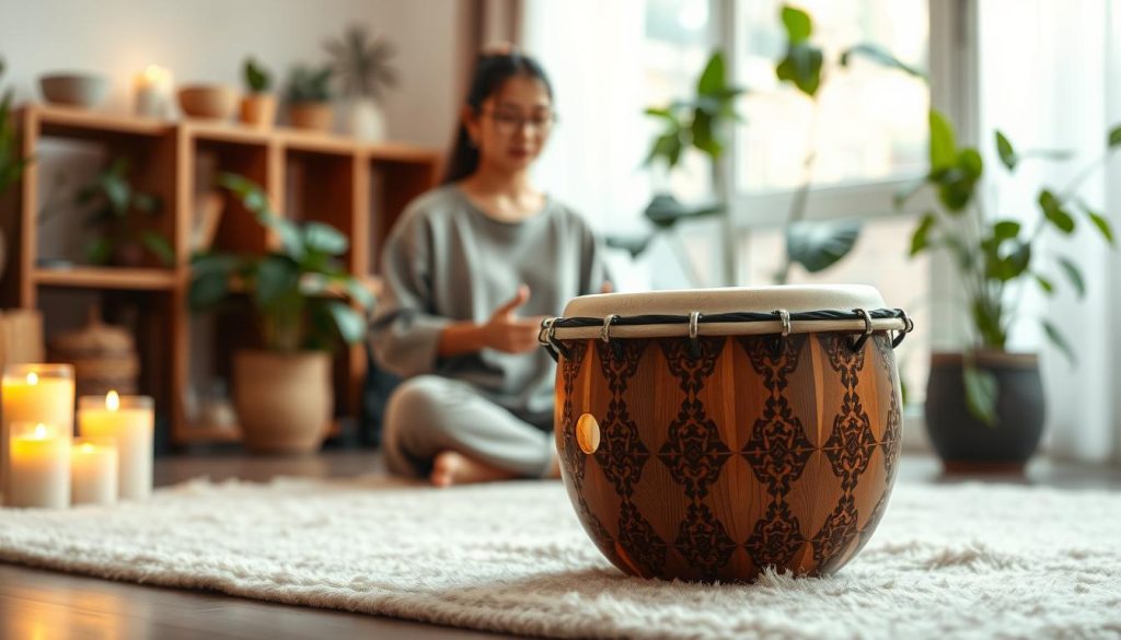 A serene setting featuring an 11-note tongue drum in the foreground, beautifully crafted with intricate patterns and a rich, natural wood finish. The drum is placed on a soft, inviting rug, with gently lit candles on either side, casting warm glows that enhance the atmosphere of tranquility. In the middle ground, a person in modest casual clothing is seated cross-legged, focusing attentively as they play the drum, their expression reflecting peace and concentration. In the background, a softly blurred room filled with plants and soft pastel colors, suggesting a calm, nurturing environment. Natural light streams in from a window, creating a peaceful ambiance that promotes the concept of musical well-being and mindfulness. The overall mood is calming and reflective, ideal for illustrating the benefits of musical practice. A serene setting featuring an 11-note tongue drum in the foreground, beautifully crafted with intricate patterns and a rich, natural wood finish. The drum is placed on a soft, inviting rug, with gently lit candles on either side, casting warm glows that enhance the atmosphere of tranquility. In the middle ground, a person in modest casual clothing is seated cross-legged, focusing attentively as they play the drum, their expression reflecting peace and concentration. In the background, a softly blurred room filled with plants and soft pastel colors, suggesting a calm, nurturing environment. Natural light streams in from a window, creating a peaceful ambiance that promotes the concept of musical well-being and mindfulness. The overall mood is calming and reflective, ideal for illustrating the benefits of musical practice.