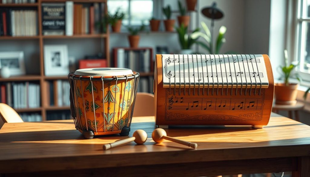 A striking comparison of two tongue drums, one compact and one extended, displayed prominently on a wooden table. In the foreground, the compact tongue drum features vibrant colors and intricate designs, while the larger, extended drum showcases a range of eight notes with detailed patterns. Natural light filters through a nearby window, casting soft shadows and highlighting the craftsmanship of the drums. In the middle ground, a pair of mallets rests beside each drum, inviting curiosity. The background is softly blurred, featuring hints of a cozy music studio environment with shelves of music books and plants. The overall mood is serene and artistic, evoking a sense of harmony and exploration between the two formats.