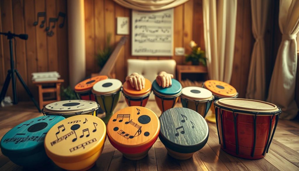 A beautiful arrangement of tongue drums displayed harmoniously in a soft-lit wooden studio. In the foreground, a set of colorful, handcrafted tongue drums, showcasing a variety of notes on their surfaces, simulating a vibrant melody potential. The middle ground features a pair of hands gently playing the drums, emphasizing the connection between player and instrument, with care and focus in the gesture. The background consists of subtle studio decor, including musical notes and soft fabric drapes that add a cozy atmosphere. Soft golden lighting enchants the scene, creating a warm and inviting mood, perfect for the topic of musical exploration. The angle is slightly elevated, capturing both the instruments and the essence of melodic creation. A beautiful arrangement of tongue drums displayed harmoniously in a soft-lit wooden studio. In the foreground, a set of colorful, handcrafted tongue drums, showcasing a variety of notes on their surfaces, simulating a vibrant melody potential. The middle ground features a pair of hands gently playing the drums, emphasizing the connection between player and instrument, with care and focus in the gesture. The background consists of subtle studio decor, including musical notes and soft fabric drapes that add a cozy atmosphere. Soft golden lighting enchants the scene, creating a warm and inviting mood, perfect for the topic of musical exploration. The angle is slightly elevated, capturing both the instruments and the essence of melodic creation.