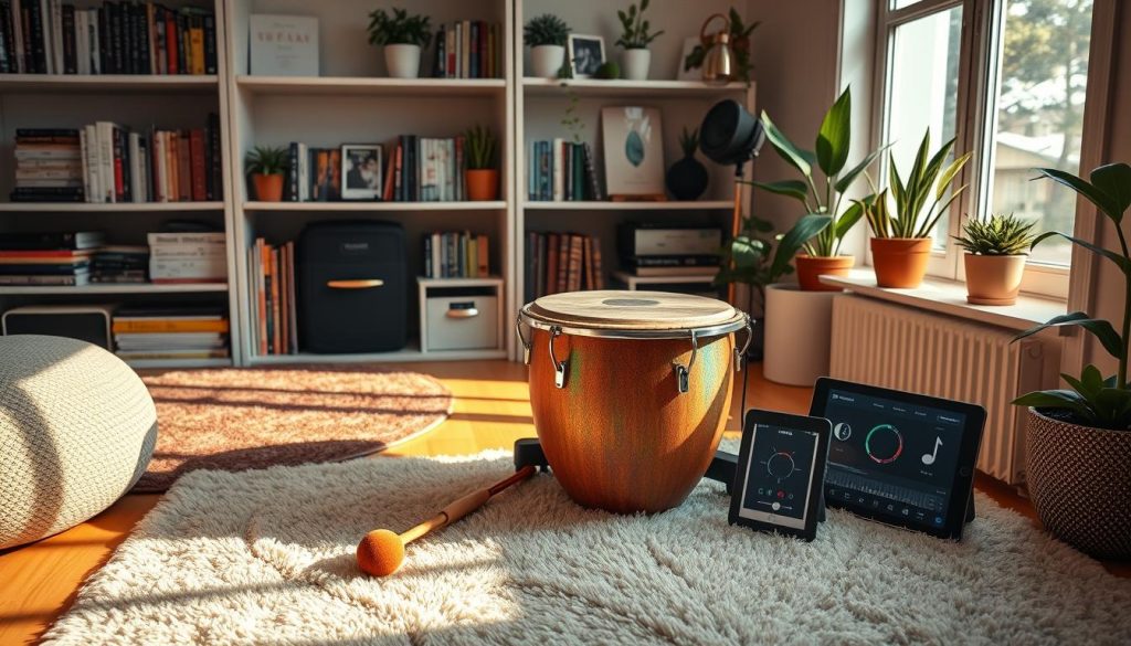 A beautifully arranged tongue drum set in a cozy corner of a modern music studio. In the foreground, a handcrafted tongue drum with vibrant, iridescent colors sits invitingly, alongside essential accessories like mallets, a music stand, and a tuning app displayed on a tablet. In the middle ground, soft plush rugs and warm light from a nearby window create a serene atmosphere, enhancing the inviting feel. The background features shelves filled with various music books and decorative plants, adding to the creative ambiance. The scene is well-lit with natural light, casting gentle shadows, and the angle captures the drum from a slightly elevated position, emphasizing its unique design and the essential accessories for beginners. The overall mood is warm and welcoming, inspiring a sense of creativity and exploration in music. A beautifully arranged tongue drum set in a cozy corner of a modern music studio. In the foreground, a handcrafted tongue drum with vibrant, iridescent colors sits invitingly, alongside essential accessories like mallets, a music stand, and a tuning app displayed on a tablet. In the middle ground, soft plush rugs and warm light from a nearby window create a serene atmosphere, enhancing the inviting feel. The background features shelves filled with various music books and decorative plants, adding to the creative ambiance. The scene is well-lit with natural light, casting gentle shadows, and the angle captures the drum from a slightly elevated position, emphasizing its unique design and the essential accessories for beginners. The overall mood is warm and welcoming, inspiring a sense of creativity and exploration in music.