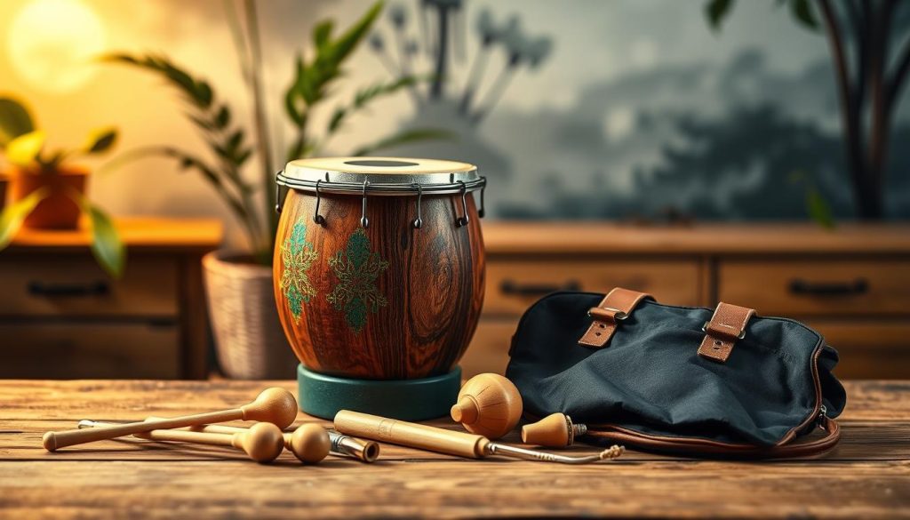 A beautifully arranged tongue drum sits on a rustic wooden table, showcasing its intricate designs and vibrant colors. In the foreground, an array of essential accessories for playing the tongue drum, including mallets made of natural wood, a tuning fork, and a sturdy carrying bag, are neatly placed beside it. The middle ground features a soft, inviting light that creates a warm atmosphere, enhancing the natural grain of the drum and the texture of the accessories. In the background, a softly blurred plant and a calming wall mural suggest a serene practice space. The image is captured from a slightly elevated angle, emphasizing the elegance and craftsmanship of the tongue drum, while forming a cozy, creative mood perfect for beginners exploring their musical journey.