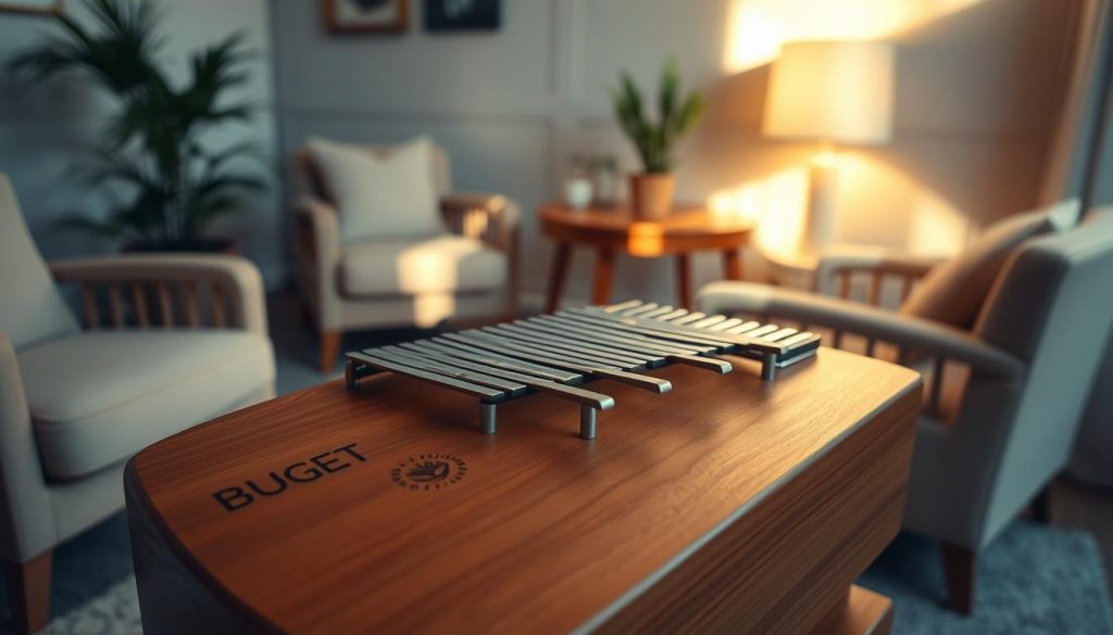 A beautifully crafted budget tongue drum displayed prominently in the foreground, showcasing its smooth, wooden surface and subtle, earthy tones. The instrument features multiple tone fields, some highlighted with decorative engravings. In the middle ground, a soft, warm light creates a gentle glow, emphasizing the craftsmanship and inviting a sense of tranquility. Behind, a cozy room setting with soft chairs and a wooden table adds a relaxing atmosphere, suggesting a peaceful space for music-making. Soft shadows play on the wall, hinting at the evening's light. The scene is captured at a slight angle, evoking a warm and inviting ambiance, perfect for anyone considering a quality musical instrument. A beautifully crafted budget tongue drum displayed prominently in the foreground, showcasing its smooth, wooden surface and subtle, earthy tones. The instrument features multiple tone fields, some highlighted with decorative engravings. In the middle ground, a soft, warm light creates a gentle glow, emphasizing the craftsmanship and inviting a sense of tranquility. Behind, a cozy room setting with soft chairs and a wooden table adds a relaxing atmosphere, suggesting a peaceful space for music-making. Soft shadows play on the wall, hinting at the evening's light. The scene is captured at a slight angle, evoking a warm and inviting ambiance, perfect for anyone considering a quality musical instrument.