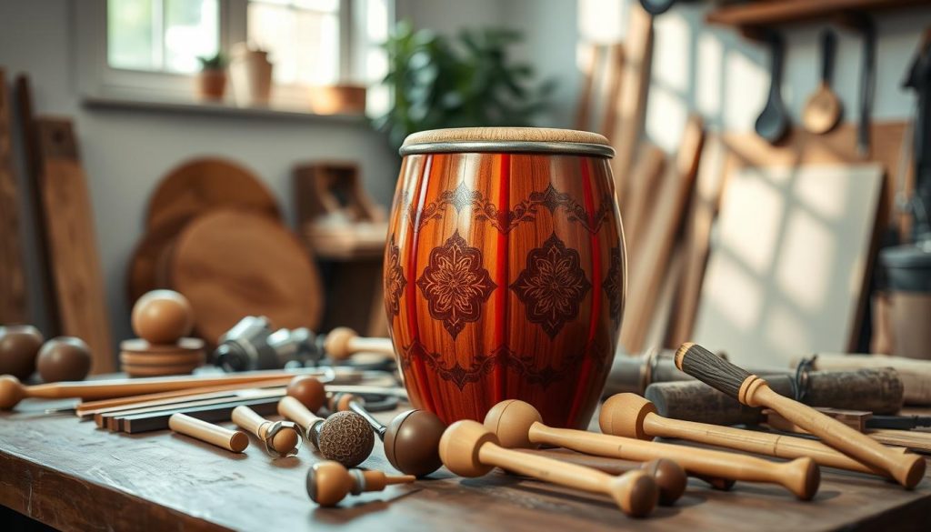 A beautifully crafted tongue drum made of high-quality materials, prominently displayed in the foreground with a polished surface reflecting light. The drum features vibrant colors and intricate designs engraved into the surface, showcasing the craftsmanship. Surrounding the drum in the middle ground, place a variety of tools and materials used in its construction, such as wood, metal, and mallets with natural finishes. In the background, softly blurred, feature a serene studio environment with gentle lighting, enhancing the warm, inviting atmosphere. Natural light filters in through a nearby window, casting soft shadows and highlighting the textures of the wood and metal. The overall mood evokes a sense of artistry and dedication to quality, perfect for illustrating the importance of material choice in tongue drum manufacturing.