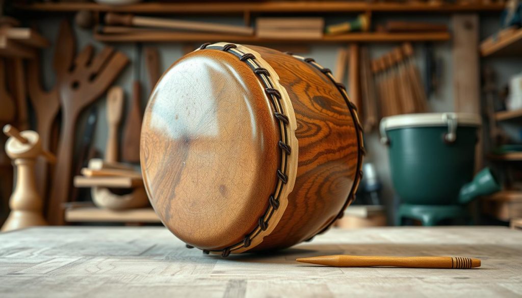 A beautifully crafted tongue drum showcased prominently in the foreground, displaying its meticulous finish and protective coatings that shine softly under natural lighting. The texture of the drum's surface, with intricate designs and vibrant colors, highlights the quality of craftsmanship. Surrounding the drum, a soft-focus background features a serene workshop ambiance, with wooden tools and shelves of materials, enhancing the mood of artisanal craftsmanship. The image should evoke a sense of calm and appreciation for musical artistry, shot from a slightly elevated angle to capture the full essence of the drum. The lighting should create gentle shadows, emphasizing the curves and contours of the drum, while maintaining a warm and inviting atmosphere.