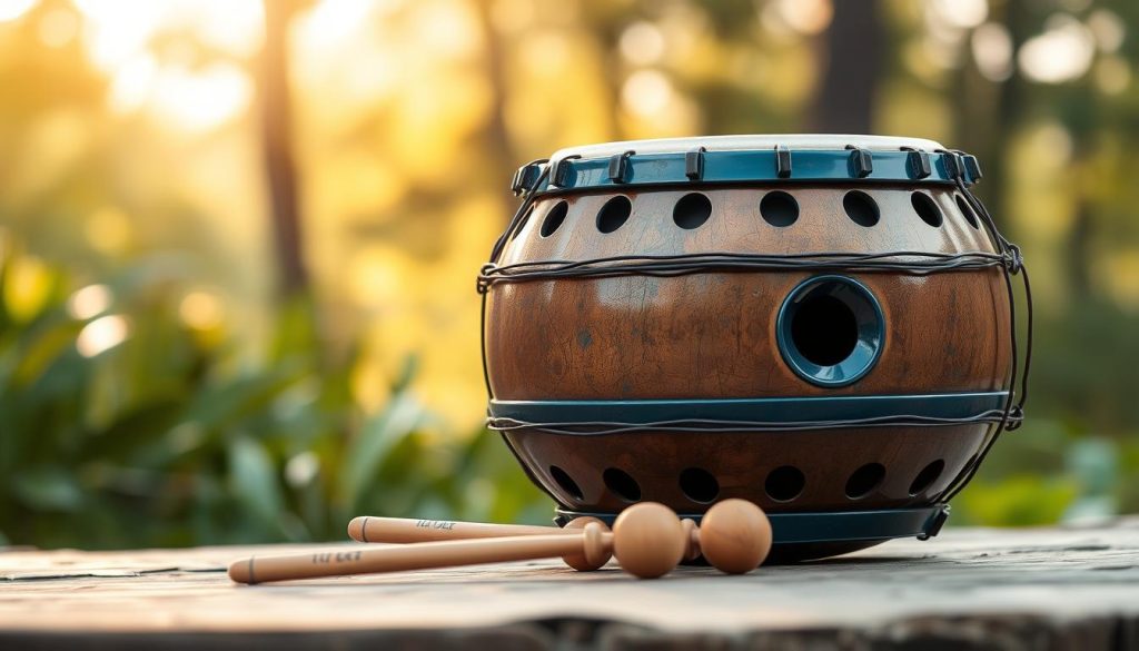 A beautifully crafted tongue drum sits prominently in the foreground, showcasing its intricate metal construction and vibrant colors, like a blend of deep blues and earthy tans. The drum features a series of tonal openings that emphasize its range of harmonics. In the middle, a pair of wooden mallets rests casually beside the drum, inviting exploration. The background consists of a softly blurred natural setting—perhaps a sunlit forest or serene garden—which enhances the image's calming mood and reveals hints of greenery. Soft, warm lighting casts gentle reflections on the drum's surface, highlighting its craftsmanship. The overall atmosphere conveys tranquility and connection to sound, ideal for illustrating the significance of tones and vibrational frequencies associated with tongue drums.