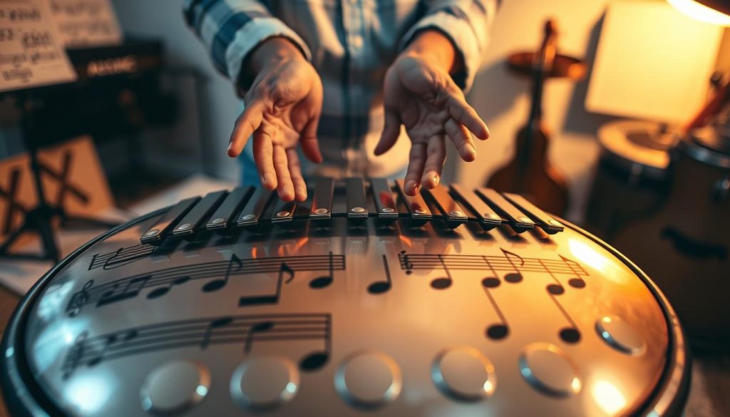 A beautifully crafted tongue drum with an intricate design, featuring multiple melodic notes arranged in a harmonious layout. The foreground showcases the drum's gleaming metallic surface reflecting soft, warm light, highlighting its unique textures and colors. In the middle, a pair of hands, dressed in casual yet professional attire, gently hover above the drum, preparing to play, conveying a sense of anticipation and musical creativity. The background features a blurred, softly lit room filled with musical elements such as sheet music and other instruments, enhancing the atmosphere of artistic exploration. The lighting is ambient, creating a serene and inviting mood, ideal for focusing on the drum's size and the number of notes.