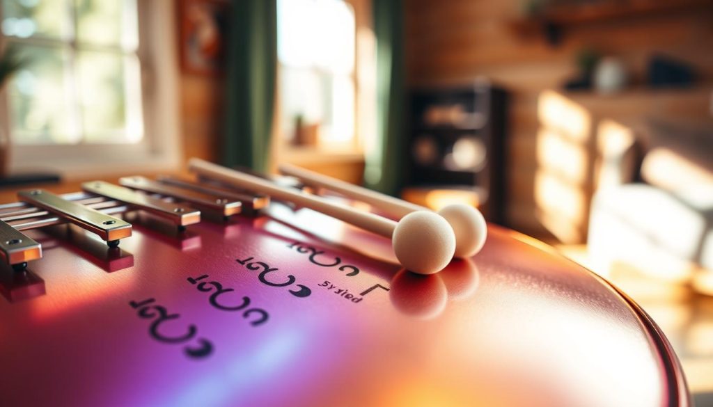 A close-up image of a beautifully crafted tongue drum, showcasing its vibrant metallic finish and intricate design. The foreground features a tongue drum with a range of notes mapped out subtly on its surface, emphasizing a selection between 6 to 10 notes, indicative of beginner options. In the middle ground, soft mallets lean against the drum, inviting play. The background is softly blurred, featuring a warm and cozy setting that suggests a music studio or a peaceful home environment. Natural light streams in through a nearby window, casting gentle highlights and shadows that create a calming atmosphere. The overall mood is inviting and serene, perfect for sparking interest in beginners exploring the world of music.