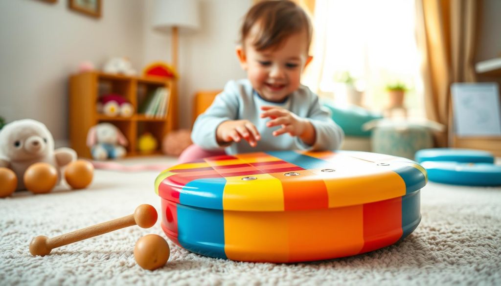 A close-up view of a colorful, child-sized tongue drum designed for young children, placed on a soft, textured surface. In the foreground, the drum is vibrant with a mix of bright colors, showcasing its smooth, rounded edges and small mallets resting beside it. In the middle, small hands are gently playing the drum, demonstrating its suitability for little fingers. Behind them, a cozy, well-lit playroom setting features soft toys and a cheerful atmosphere, with natural light streaming in from a window, creating a warm, inviting glow. The angle captures both the drum and the child's expression of joy as they explore music, evoking a sense of wonder and creativity. A close-up view of a colorful, child-sized tongue drum designed for young children, placed on a soft, textured surface. In the foreground, the drum is vibrant with a mix of bright colors, showcasing its smooth, rounded edges and small mallets resting beside it. In the middle, small hands are gently playing the drum, demonstrating its suitability for little fingers. Behind them, a cozy, well-lit playroom setting features soft toys and a cheerful atmosphere, with natural light streaming in from a window, creating a warm, inviting glow. The angle captures both the drum and the child's expression of joy as they explore music, evoking a sense of wonder and creativity.