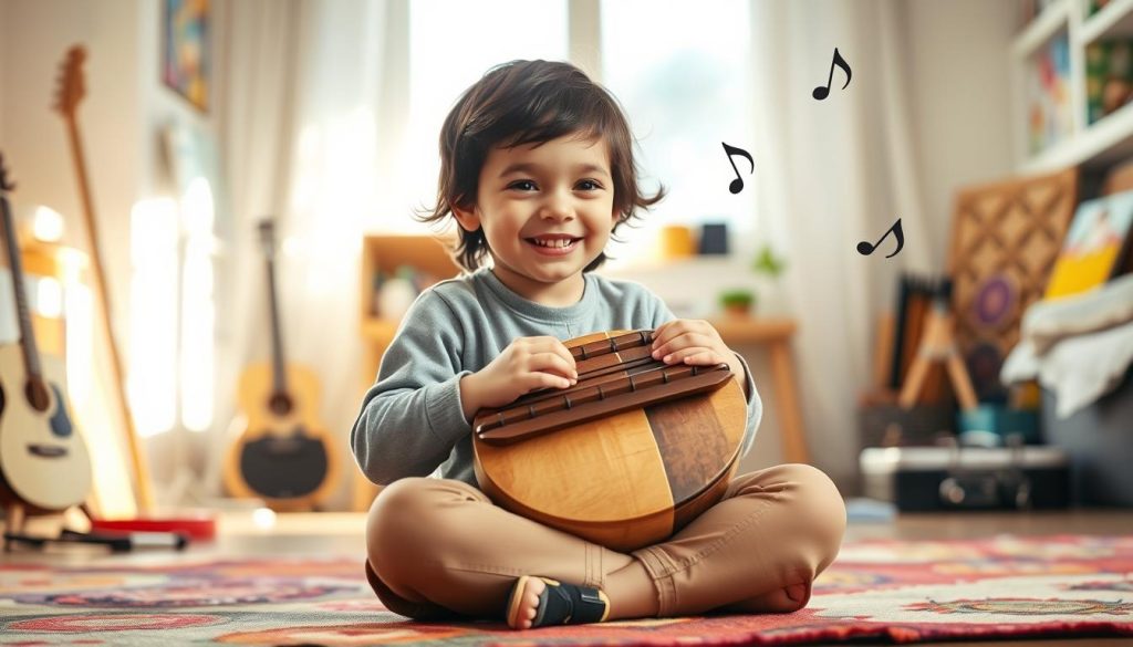 A joyful child, around 6 years old, sitting cross-legged on a colorful rug, intently playing a beautifully crafted tongue drum. The child has a look of wonder and concentration, wearing comfortable, modest casual clothing. In the background, soft sunlight filters through a window, illuminating a cozy living room filled with musical instruments and art supplies, symbolizing a nurturing environment. Several playful musical notes float gently around the child, representing the benefits of music on their development. The atmosphere is warm and inviting, evoking a sense of creativity and joy in music. Capture this scene with a soft lens effect, in natural lighting, focused on the child’s expressions and the vibrant colors of the drum and surroundings. A joyful child, around 6 years old, sitting cross-legged on a colorful rug, intently playing a beautifully crafted tongue drum. The child has a look of wonder and concentration, wearing comfortable, modest casual clothing. In the background, soft sunlight filters through a window, illuminating a cozy living room filled with musical instruments and art supplies, symbolizing a nurturing environment. Several playful musical notes float gently around the child, representing the benefits of music on their development. The atmosphere is warm and inviting, evoking a sense of creativity and joy in music. Capture this scene with a soft lens effect, in natural lighting, focused on the child’s expressions and the vibrant colors of the drum and surroundings.