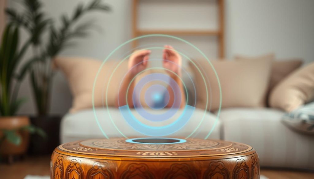 A serene indoor setting featuring a beautifully crafted tongue drum in the foreground, made of warm-toned wood with intricate carvings. The drum's surface glistens under soft, ambient lighting that evokes a calming atmosphere. In the middle ground, a pair of hands gently strike the drum, producing rippling sound waves that visually represent frequency, depicted as concentric circles in soothing colors like blue and green. The background features a subtle, blurred arrangement of plants and soft cushions, enhancing the sense of relaxation. The scene is captured with a shallow depth of field for a dreamy effect, and the overall mood is tranquil, inviting viewers to connect with the peaceful impact of sound frequencies.