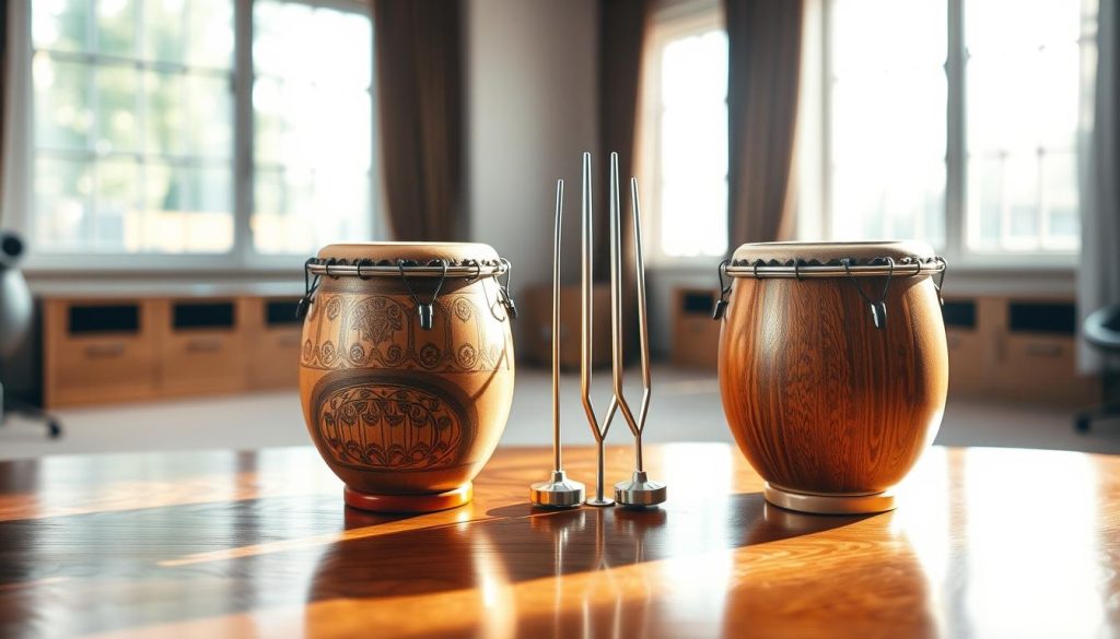 A serene, inviting scene featuring two tongue drums, one tuned to 432Hz and the other to 440Hz, artistically placed on a polished wooden surface. In the foreground, the drums are beautifully crafted with intricate designs, showcasing their different tonal characteristics. The 432Hz drum emits a soft, warm glow, while the 440Hz drum has a cooler, sharper light. In the middle ground, a set of tuning forks are elegantly arranged, hinting at the precision of sound. The background is softly blurred, depicting a tranquil music studio with natural light filtering through large windows, casting gentle shadows. The atmosphere is calm and harmonious, evoking a sense of balance and musical exploration. A serene, inviting scene featuring two tongue drums, one tuned to 432Hz and the other to 440Hz, artistically placed on a polished wooden surface. In the foreground, the drums are beautifully crafted with intricate designs, showcasing their different tonal characteristics. The 432Hz drum emits a soft, warm glow, while the 440Hz drum has a cooler, sharper light. In the middle ground, a set of tuning forks are elegantly arranged, hinting at the precision of sound. The background is softly blurred, depicting a tranquil music studio with natural light filtering through large windows, casting gentle shadows. The atmosphere is calm and harmonious, evoking a sense of balance and musical exploration.