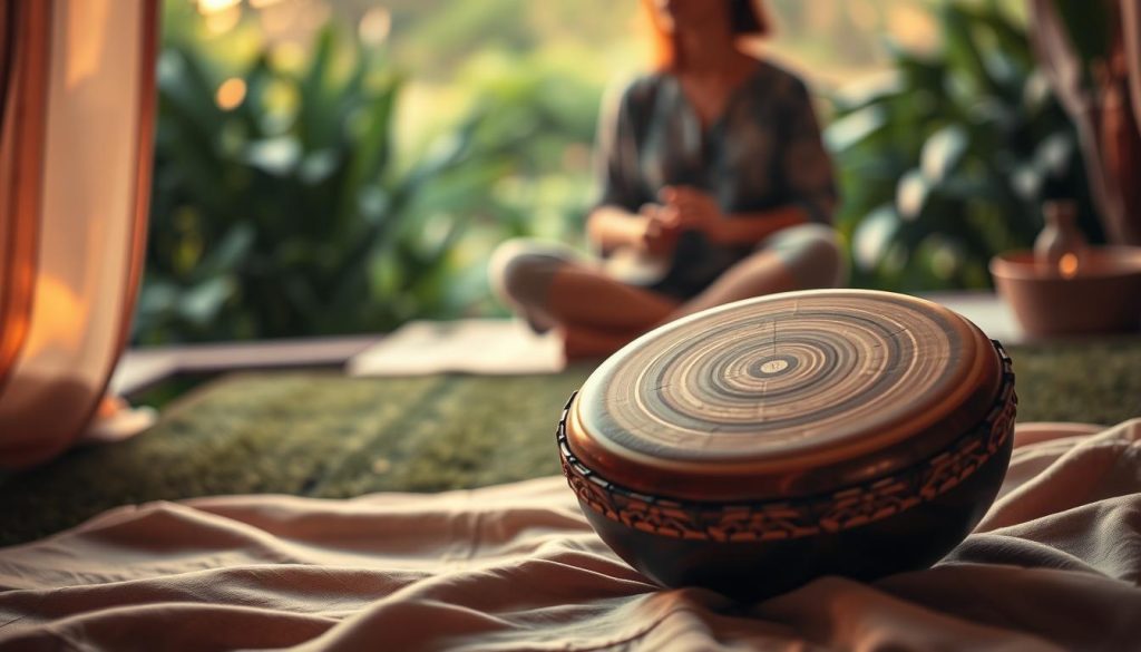 A serene setting showcasing a beautifully crafted tongue drum, delicately placed on a soft, natural fabric in the foreground. The drum's intricate surface patterns gleam softly in warm, ambient light, inviting a sense of calm and connection to mindfulness. In the middle ground, a person sitting cross-legged, dressed in modest casual clothing, is gently playing the drum, their concentration reflecting the therapeutic benefits of music and meditation. Lush greenery and soft, blurred natural elements provide a tranquil background, enhancing the peaceful atmosphere. The overall mood is soothing and contemplative, ideal for illustrating the meditative aspects of the tongue drum, captured with a warm color palette and soft focus to evoke tranquility and introspection.