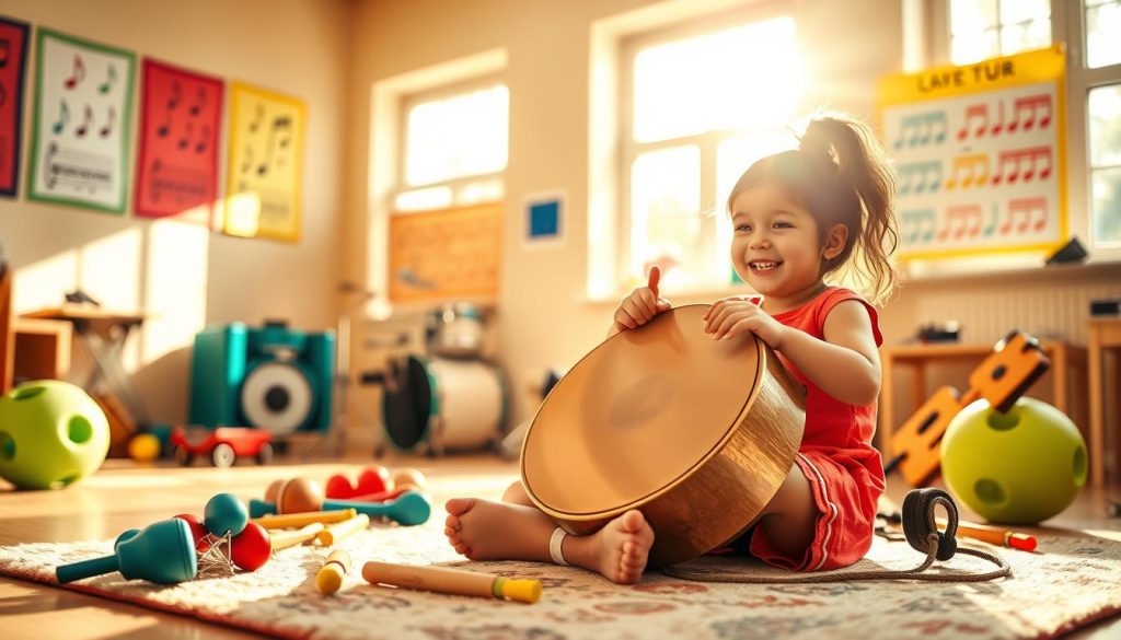 A vibrant, engaging scene featuring a child joyfully playing a tongue drum in a sunny, cheerful room filled with colorful musical instruments. The foreground shows the child, a young girl around 6 years old, sitting cross-legged on a soft, patterned rug, wearing a casual, brightly colored outfit. The middle ground includes the tongue drum, reflecting a pleasing shade of C major, surrounded by various small percussion instruments like shakers and hand clappers. In the background, large windows allow warm sunlight to pour in, illuminating the space with a soft glow and highlighting colorful wall posters depicting musical notes and scales. The overall atmosphere is joyful and inspiring, capturing the essence of a child-friendly musical learning environment. A vibrant, engaging scene featuring a child joyfully playing a tongue drum in a sunny, cheerful room filled with colorful musical instruments. The foreground shows the child, a young girl around 6 years old, sitting cross-legged on a soft, patterned rug, wearing a casual, brightly colored outfit. The middle ground includes the tongue drum, reflecting a pleasing shade of C major, surrounded by various small percussion instruments like shakers and hand clappers. In the background, large windows allow warm sunlight to pour in, illuminating the space with a soft glow and highlighting colorful wall posters depicting musical notes and scales. The overall atmosphere is joyful and inspiring, capturing the essence of a child-friendly musical learning environment.