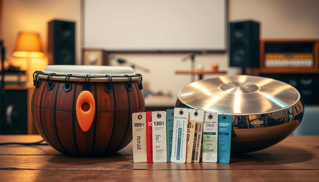 A beautifully arranged comparison of a tongue drum and a handpan on a wooden table. In the foreground, the tongue drum features its distinct cut-out tongues in vibrant colors, while the handpan, with its sleek, rounded shape and metallic finish, glints softly in the light. In the middle ground, a set of diverse price tags in various currencies, elegantly displayed, with a subtle emphasis on affordability. The background is softly blurred, showcasing a cozy music studio ambiance with warm lighting. The atmosphere conveys a sense of artistic exploration and financial insight. Capture the scene using a 50mm lens to maintain sharp focus on the instruments, with a slight bokeh effect in the background to enhance depth. The mood is inviting and informative, perfect for a comparative analysis. A beautifully arranged comparison of a tongue drum and a handpan on a wooden table. In the foreground, the tongue drum features its distinct cut-out tongues in vibrant colors, while the handpan, with its sleek, rounded shape and metallic finish, glints softly in the light. In the middle ground, a set of diverse price tags in various currencies, elegantly displayed, with a subtle emphasis on affordability. The background is softly blurred, showcasing a cozy music studio ambiance with warm lighting. The atmosphere conveys a sense of artistic exploration and financial insight. Capture the scene using a 50mm lens to maintain sharp focus on the instruments, with a slight bokeh effect in the background to enhance depth. The mood is inviting and informative, perfect for a comparative analysis.