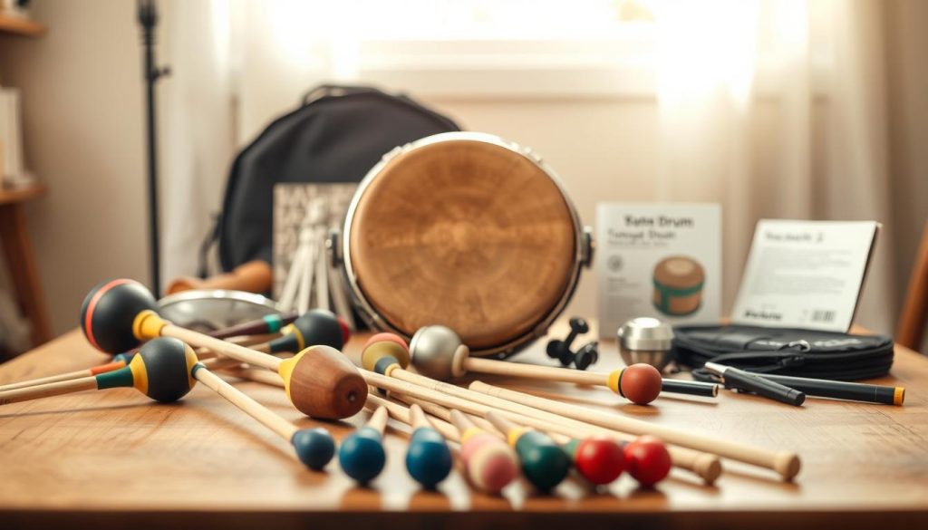 A beautifully arranged still life of tongue drum accessories on a wooden table. In the foreground, include a variety of striking mallets with unique designs and vibrant colors. In the middle, feature a shiny, polished tongue drum, displaying its intricate patterns and smooth surface, reflecting soft natural light. Surround the drum with essential accessories such as a tuning device, a carrying case, and an instructional booklet, all neatly organized. The background should be softly blurred to suggest a warm, inviting studio space with soft sunlight streaming in through a nearby window, enhancing the tranquil and creative atmosphere. Use a shallow depth of field to keep the focus on the accessories, creating a serene and informative mood that highlights their importance.