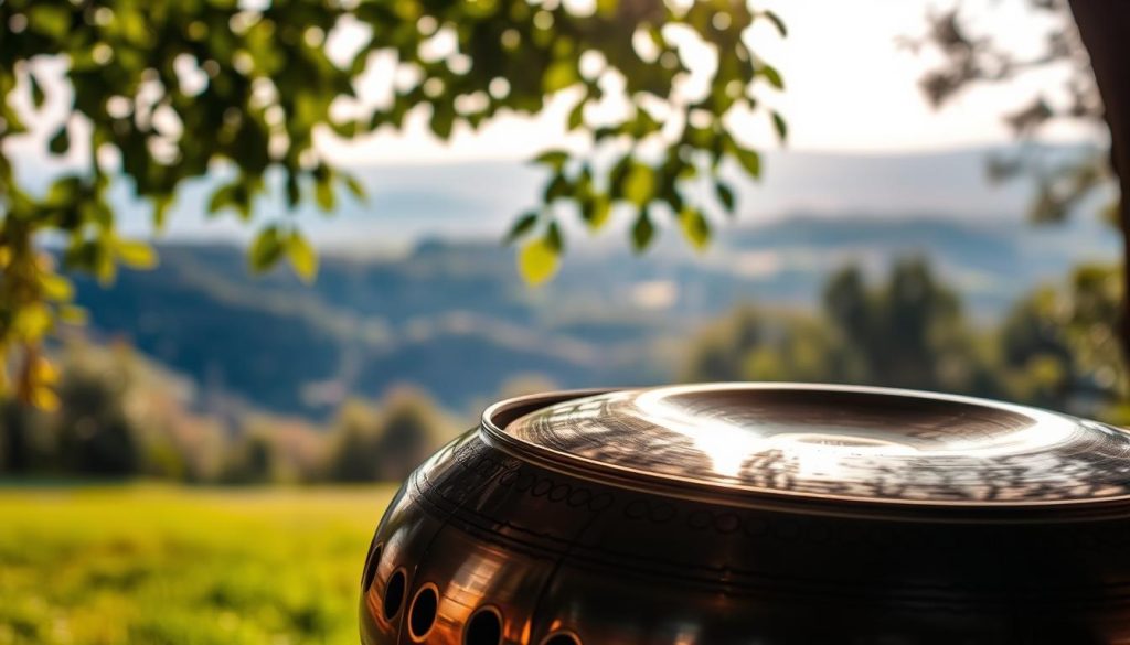 A beautifully crafted handpan placed prominently in the foreground, showcasing its intricate, metallic surface with a smooth, polished finish and deep, resonant tones. The handpan, with its characteristic dome shape and multiple tuned notes, reflects soft, warm lighting that highlights subtle reflections and shadows. In the middle ground, a serene outdoor setting with lush greenery and gentle sunlight filtering through leaves creates a peaceful atmosphere. The background features a blurred, tranquil landscape, suggesting a connection to nature and harmony. The overall mood is calm and inviting, emphasizing the craftsmanship and beauty of the handpan as a musical instrument. A beautifully crafted handpan placed prominently in the foreground, showcasing its intricate, metallic surface with a smooth, polished finish and deep, resonant tones. The handpan, with its characteristic dome shape and multiple tuned notes, reflects soft, warm lighting that highlights subtle reflections and shadows. In the middle ground, a serene outdoor setting with lush greenery and gentle sunlight filtering through leaves creates a peaceful atmosphere. The background features a blurred, tranquil landscape, suggesting a connection to nature and harmony. The overall mood is calm and inviting, emphasizing the craftsmanship and beauty of the handpan as a musical instrument.