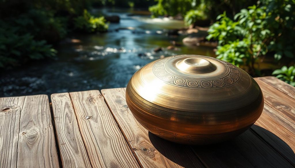 A beautifully crafted handpan, showcasing its exquisite surface with intricate patterns, glistening under soft, natural daylight. The foreground features the handpan resting on a weathered wooden table, hinting at its durability. In the middle ground, lush greenery surrounds the table, illustrating the instrument's resilience in outdoor conditions. The background displays a serene, gently flowing river, representing nature’s elements. The lighting casts soft shadows, enhancing the organic feel, while the angle captures the handpan from a slightly elevated perspective, inviting the viewer into a peaceful, contemplative atmosphere. Emphasize tones of green and earthy browns to reflect harmony with the environment. A beautifully crafted handpan, showcasing its exquisite surface with intricate patterns, glistening under soft, natural daylight. The foreground features the handpan resting on a weathered wooden table, hinting at its durability. In the middle ground, lush greenery surrounds the table, illustrating the instrument's resilience in outdoor conditions. The background displays a serene, gently flowing river, representing nature’s elements. The lighting casts soft shadows, enhancing the organic feel, while the angle captures the handpan from a slightly elevated perspective, inviting the viewer into a peaceful, contemplative atmosphere. Emphasize tones of green and earthy browns to reflect harmony with the environment.