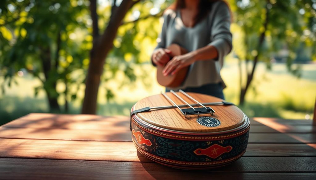 A beautifully crafted tongue drum featuring the pentatonic scale, set on a wooden table with a soft, warm light casting gentle shadows. The foreground showcases vibrant colors of the drum, detailing its intricate patterns and textures. In the middle ground, a pair of hands in casual attire are gracefully playing the drum, highlighting the art of creating music. The background is a serene, blurred out nature scene with soft greenery and dappled sunlight filtering through leaves, creating a calming atmosphere. The overall mood is tranquil and inviting, evoking a sense of harmony and peacefulness associated with music. Use a wide-angle lens to capture the entire scene, ensuring a warm, inviting color palette.