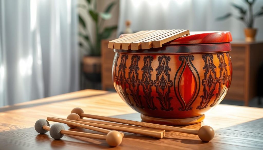 A beautifully crafted tongue drum, made from polished wood with intricate carvings, sits at the forefront of the image. Its vibrant colors gleam under soft, natural lighting, highlighting the unique shapes of its tongues. In the middle ground, several mallets with soft felt tips lie nearby, suggesting readiness for play. A subtle texture of a wooden table adds warmth and richness beneath. The background features a blurred glimpse of a serene music studio, with soft, diffused light filtering through sheer curtains, creating a calming atmosphere. The composition should convey a sense of elegance and craftsmanship, inviting the viewer to explore the nuanced technical details that influence the pricing of these mesmerizing instruments.