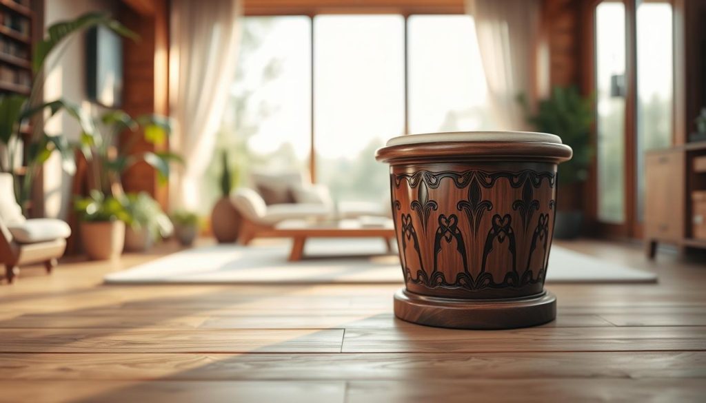 A beautifully crafted tongue drum made of high-quality materials, prominently displayed in the foreground. The drum features intricate, hand-carved designs, showcasing rich, warm wood tones and a glossy finish that reflects soft light. In the middle ground, a serene setting with natural elements like lush greenery and gentle sunlight filtering through, creating a calming atmosphere. In the background, softly blurred, is a cozy indoor space with wooden accents and natural light streaming in through a large window, emphasizing the connection between sound quality and the materials used. The mood is tranquil and peaceful, inviting the viewer to appreciate the craftsmanship and sound quality associated with a premium tongue drum. The image is well-lit, using soft, diffused lighting to highlight the textures and details without harsh shadows.