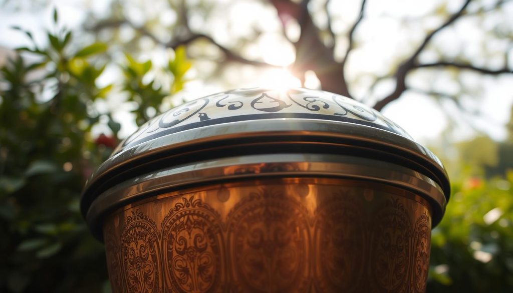 A beautifully crafted tongue drum made of resonant steel, intricately designed with detailed patterns, is the centerpiece. The foreground showcases the drum with its rich metallic sheen reflecting soft, warm ambient light, emphasizing its contours and textures. In the middle ground, lush greenery and blurred organic elements hint at a serene outdoor setting, suggesting a connection to nature. The background features softly diffused sunlight filtering through tree branches, creating a tranquil atmosphere. The overall mood is calming and inviting, perfect for illustrating the quality and craftsmanship of the instrument. Capture the scene from a low angle, focusing on the drum while subtly emphasizing its surroundings, conveying the essence of musical resonance and artistry. A beautifully crafted tongue drum made of resonant steel, intricately designed with detailed patterns, is the centerpiece. The foreground showcases the drum with its rich metallic sheen reflecting soft, warm ambient light, emphasizing its contours and textures. In the middle ground, lush greenery and blurred organic elements hint at a serene outdoor setting, suggesting a connection to nature. The background features softly diffused sunlight filtering through tree branches, creating a tranquil atmosphere. The overall mood is calming and inviting, perfect for illustrating the quality and craftsmanship of the instrument. Capture the scene from a low angle, focusing on the drum while subtly emphasizing its surroundings, conveying the essence of musical resonance and artistry.