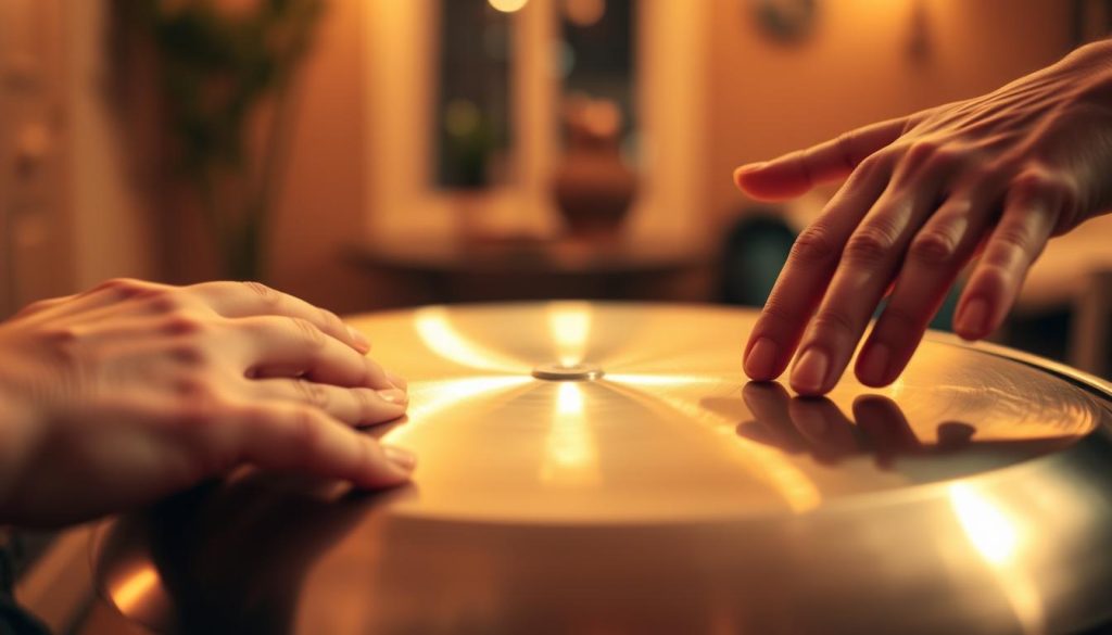 A close-up view of a handpan being played with skillful techniques. In the foreground, showcase a pair of hands gently striking the metal surface of the handpan, with fingers gracefully curved to illustrate different playing styles. The middle ground features the handpan, highlighting its intricate design and resonance tones. The background is softly blurred, portraying an intimate indoor setting with warm ambient lighting that creates a serene atmosphere. Use a shallow depth of field to emphasize the hands and handpan, while capturing the reflective qualities of the metal. The mood conveys tranquility and focus, inviting viewers to appreciate the subtleties in the techniques of playing this unique instrument. A close-up view of a handpan being played with skillful techniques. In the foreground, showcase a pair of hands gently striking the metal surface of the handpan, with fingers gracefully curved to illustrate different playing styles. The middle ground features the handpan, highlighting its intricate design and resonance tones. The background is softly blurred, portraying an intimate indoor setting with warm ambient lighting that creates a serene atmosphere. Use a shallow depth of field to emphasize the hands and handpan, while capturing the reflective qualities of the metal. The mood conveys tranquility and focus, inviting viewers to appreciate the subtleties in the techniques of playing this unique instrument.