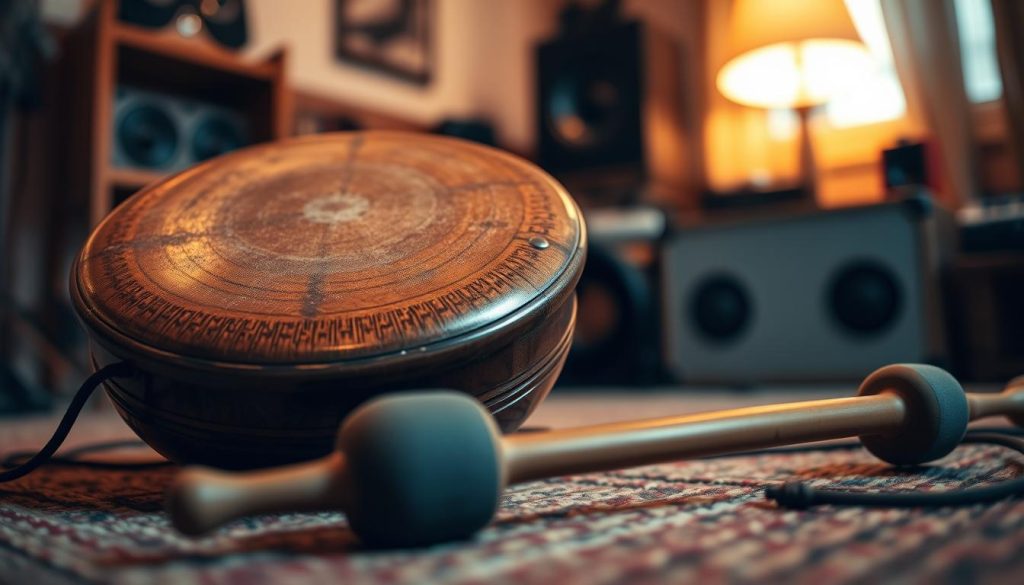 A close-up view of a tongue drum, showcasing its intricate design and craftsmanship, placed prominently in the foreground. The drum features rich wood tones and meticulously carved surfaces, reflecting light in a warm, inviting glow. In the middle ground, a pair of worn drum mallets lies beside the drum, hinting at its use and age, while the background fades into a soft focus of a cozy music studio, with warm ambient lighting creating a relaxed atmosphere. The overall mood is contemplative, emphasizing the beauty and potential risks of low-cost and second-hand instruments. The scene should be illuminated with soft, diffused lighting, suggesting both the appeal and potential flaws of budget instruments. The angle captures the drum from slightly above, making it the focal point while providing a glimpse of its surroundings.