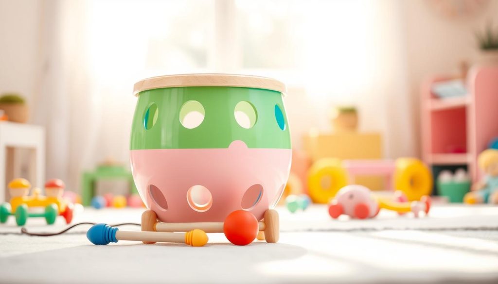 A colorful tongue drum designed for children, featuring a variety of playful and bright colors like blue, green, and pink. The drum should be in the foreground, showcasing its unique shape and the distinctive tongue cutouts. In the middle ground, include a few colorful mallets resting next to the drum, inviting young hands to play. The background features a soft, blurred playroom setting with pastel-colored walls, toys scattered around, and warm, natural sunlight streaming through a window, creating a cheerful and inviting atmosphere. The overall mood should be joyful and inspiring, encouraging creativity in children. Use a slightly elevated angle to capture the full view of the drum and its playful environment.