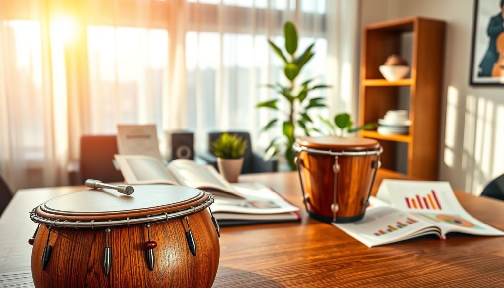 A serene and focused workspace dedicated to music investment optimization, featuring a stylish wooden tongue drum in the foreground, its rich tones reflected in soft, warm lighting. In the middle ground, a well-organized desk with open books about musical instruments, investment strategies, and colorful charts showing potential growth. A potted plant adds a touch of natural elegance. The background displays a bright window with sheer curtains, allowing soft sunlight to filter through, creating a calm atmosphere. The scene conveys a sense of professionalism and creativity, perfect for an investment enthusiast. Capture this from a slight angle to highlight depth, using a focal lens for a soft blur around the edges, emphasizing the subject in pristine clarity. A serene and focused workspace dedicated to music investment optimization, featuring a stylish wooden tongue drum in the foreground, its rich tones reflected in soft, warm lighting. In the middle ground, a well-organized desk with open books about musical instruments, investment strategies, and colorful charts showing potential growth. A potted plant adds a touch of natural elegance. The background displays a bright window with sheer curtains, allowing soft sunlight to filter through, creating a calm atmosphere. The scene conveys a sense of professionalism and creativity, perfect for an investment enthusiast. Capture this from a slight angle to highlight depth, using a focal lens for a soft blur around the edges, emphasizing the subject in pristine clarity.