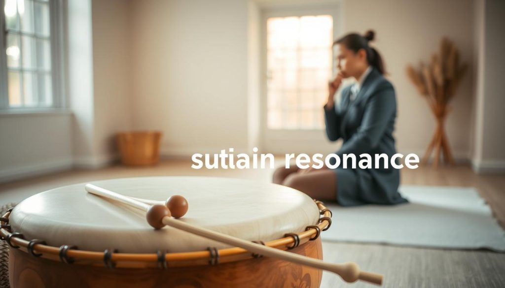 A serene indoor setting showcasing a tongue drum prominently in the foreground. The drum is beautifully crafted, exhibiting intricate designs and natural wood tones, with mallets resting beside it. In the middle ground, a person in professional attire sits thoughtfully, demonstrating proper posture and technique while preparing to play the drum, conveying focus and intent. The background features soft, warm lighting from a nearby window, creating a cozy atmosphere. Subtle musical notes seem to resonate lightly in the air, symbolizing the concept of "sustain resonance." The overall mood is one of calm concentration, emphasizing the importance of correct posture and technique in music performance.