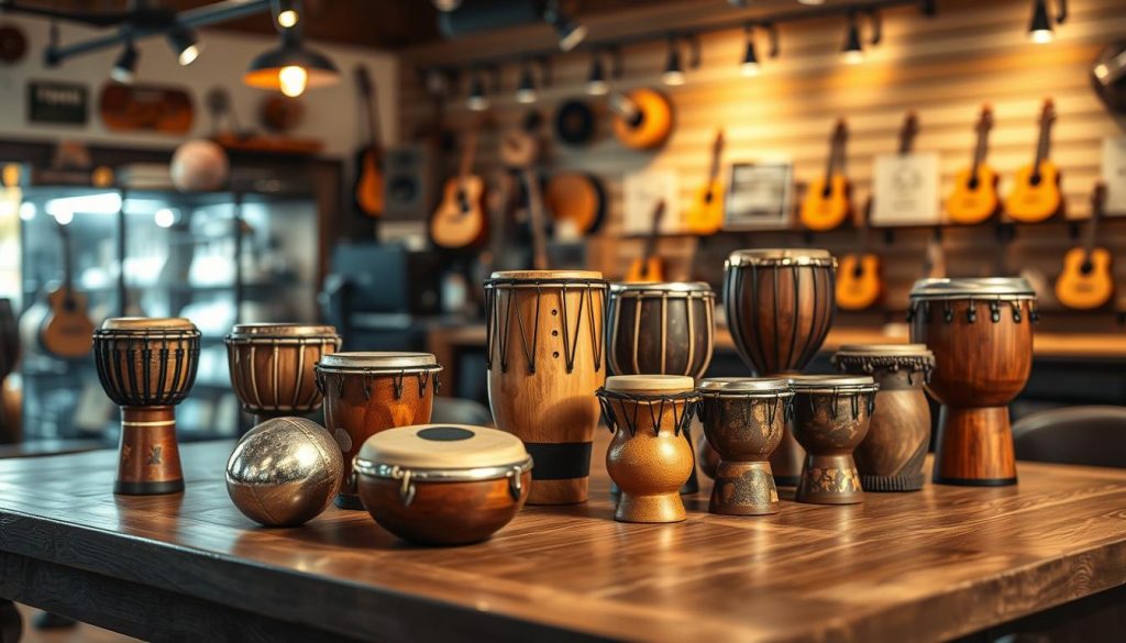 A serene scene showcasing various tongue drums displayed artistically on a wooden table, representing different purchasing locations. In the foreground, several beautifully crafted tongue drums of various sizes and colors, with intricate designs and finishes, such as metallic and natural wood textures. The middle ground includes subtle hints of shops and online stores, depicted through soft outlines or impressions, suggesting a comparison. The background features a calm, warmly lit environment, like a cozy music shop with soft ambient lighting and acoustic elements. The angle should be slightly elevated to provide a clear view of the drums while maintaining an inviting and professional atmosphere. The overall mood should convey trust and reliability in purchasing musical instruments.