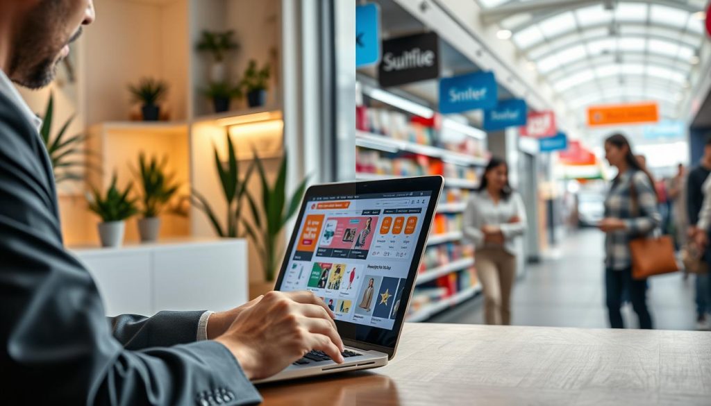 A split image illustrating the advantages of online shopping versus physical retail. In the foreground, a person wearing professional attire is browsing a laptop with a vibrant display of colorful products and deals. On the left side, showcase a modern home office setting with plants and soft, warm lighting creating a welcoming atmosphere. In the middle, depict a lively retail store with shelves filled with various merchandise, and a friendly salesperson assisting a customer. The background should show a bright and inviting street with a few stores, suggesting a bustling shopping environment. Use a shallow depth of field to focus on the main subjects, while softening the background for added depth. The mood should be informative and encouraging, emphasizing the convenience and variety of online shopping compared to in-store experiences. A split image illustrating the advantages of online shopping versus physical retail. In the foreground, a person wearing professional attire is browsing a laptop with a vibrant display of colorful products and deals. On the left side, showcase a modern home office setting with plants and soft, warm lighting creating a welcoming atmosphere. In the middle, depict a lively retail store with shelves filled with various merchandise, and a friendly salesperson assisting a customer. The background should show a bright and inviting street with a few stores, suggesting a bustling shopping environment. Use a shallow depth of field to focus on the main subjects, while softening the background for added depth. The mood should be informative and encouraging, emphasizing the convenience and variety of online shopping compared to in-store experiences.