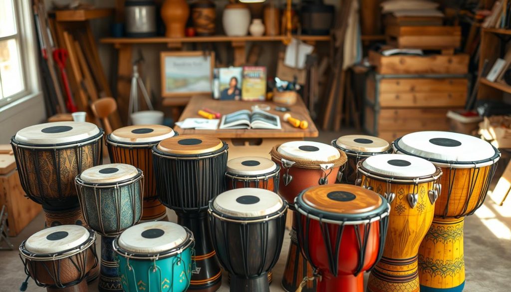 A visually appealing comparative display of various tongue drum brands, positioned prominently in the foreground. Each drum is distinct, showcasing different sizes, colors, and designs, reflecting their unique craftsmanship—some with intricate patterns, others with vibrant finishes. In the middle ground, include a soft-focus table with a few accessories, like mallets and instructional books, hinting at a musician’s setting. The background should be a warm, inviting workshop scene, with tools and materials softly blurred to emphasize the drums. Soft, diffused natural lighting creates a serene atmosphere, enhancing the textures and colors of the drums while casting gentle shadows. The angle is slightly overhead, allowing for a comprehensive view of the instruments. A visually appealing comparative display of various tongue drum brands, positioned prominently in the foreground. Each drum is distinct, showcasing different sizes, colors, and designs, reflecting their unique craftsmanship—some with intricate patterns, others with vibrant finishes. In the middle ground, include a soft-focus table with a few accessories, like mallets and instructional books, hinting at a musician’s setting. The background should be a warm, inviting workshop scene, with tools and materials softly blurred to emphasize the drums. Soft, diffused natural lighting creates a serene atmosphere, enhancing the textures and colors of the drums while casting gentle shadows. The angle is slightly overhead, allowing for a comprehensive view of the instruments.