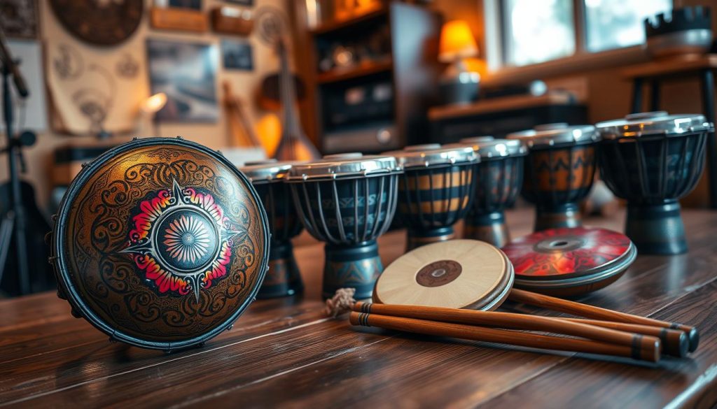A beautifully arranged display of various steel tongue drums on a wooden table, showcasing different sizes, colors, and designs. In the foreground, a close-up view of a vibrant, intricate tongue drum with a shimmering finish, emphasizing its craftsmanship. The middle ground features several other drums with varying numbers of tones, each drum displaying unique artistic patterns. In the background, softly blurred elements hint at a cozy music studio, illuminated by warm, ambient lighting that creates an inviting atmosphere. The image conveys a sense of serenity and inspiration, perfect for an informative article on selecting a tongue drum. Enhance the mood with soft shadows and a slightly elevated angle, inviting viewers to explore the beauty of these instruments.