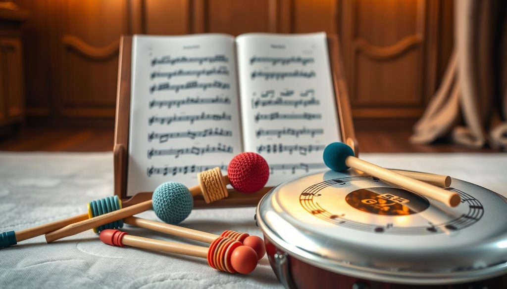 A beautifully arranged scene depicting essential accessories for a tongue drum. In the foreground, a polished tongue drum gleams, showcasing its intricate notes and markings. Surrounding it, a selection of colorful mallets of varying sizes, with textured rubber heads, are artistically positioned. In the middle ground, an elegant wooden music stand holds sheet music with clear, legible notes designed for improvisation. The background features a softly blurred ambient room filled with warm, inviting light, enhancing the creative atmosphere, perhaps hinting at soft wood paneling or fabric drapes that convey warmth and artistic inspiration. The overall mood is serene and focused, inviting the viewer to engage in the art of music-making. Use soft, natural lighting to create depth and a welcoming ambiance. A beautifully arranged scene depicting essential accessories for a tongue drum. In the foreground, a polished tongue drum gleams, showcasing its intricate notes and markings. Surrounding it, a selection of colorful mallets of varying sizes, with textured rubber heads, are artistically positioned. In the middle ground, an elegant wooden music stand holds sheet music with clear, legible notes designed for improvisation. The background features a softly blurred ambient room filled with warm, inviting light, enhancing the creative atmosphere, perhaps hinting at soft wood paneling or fabric drapes that convey warmth and artistic inspiration. The overall mood is serene and focused, inviting the viewer to engage in the art of music-making. Use soft, natural lighting to create depth and a welcoming ambiance.