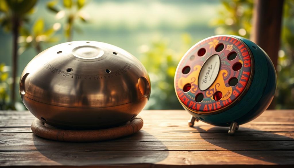 A beautifully crafted handpan and tongue drum set displayed on a rustic wooden table, both instruments showcasing their unique note layouts. The handpan features a gleaming, smooth surface with multiple carefully placed dimples, while the tongue drum has its distinct vibrant colors and cut-out tongues designed for melodic sounds. Soft, warm lighting emanates from above, casting gentle shadows that highlight the textures of the instruments. In the background, hints of a serene outdoor setting with lush greenery blur softly, creating a peaceful atmosphere. The image captures the delicate artistry of sound production, inviting viewers into the enchanting world of music and auditory exploration, emphasizing the different note ranges and soundfields between the two instruments. A beautifully crafted handpan and tongue drum set displayed on a rustic wooden table, both instruments showcasing their unique note layouts. The handpan features a gleaming, smooth surface with multiple carefully placed dimples, while the tongue drum has its distinct vibrant colors and cut-out tongues designed for melodic sounds. Soft, warm lighting emanates from above, casting gentle shadows that highlight the textures of the instruments. In the background, hints of a serene outdoor setting with lush greenery blur softly, creating a peaceful atmosphere. The image captures the delicate artistry of sound production, inviting viewers into the enchanting world of music and auditory exploration, emphasizing the different note ranges and soundfields between the two instruments.