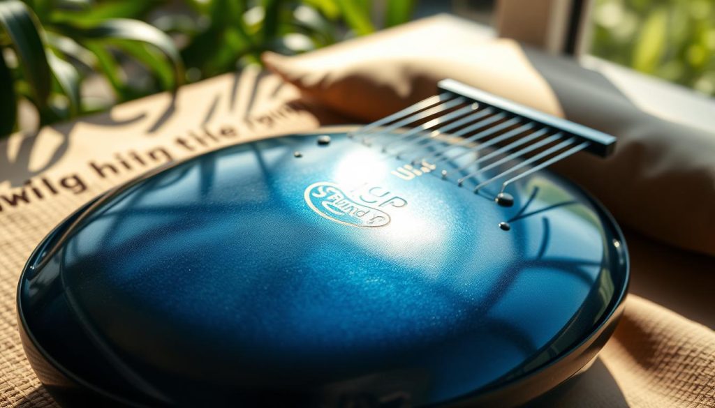 A beautifully crafted steel tongue drum, featuring a glossy, deep blue surface with intricate hand-etched patterns reflecting its tuning scale. The drum is placed prominently in the foreground, with sunlight gently illuminating its metallic texture, highlighting subtle reflections and shadows. Surrounding the drum, soft, natural materials like a plush mat and light wooden surface create a warm and inviting atmosphere. In the background, softly blurred greenery adds a touch of tranquility and connection to nature, enhancing the serene mood. The scene is captured at a slight angle, providing depth and inviting the viewer into the sound experience, evoking a sense of calm and harmony. A beautifully crafted steel tongue drum, featuring a glossy, deep blue surface with intricate hand-etched patterns reflecting its tuning scale. The drum is placed prominently in the foreground, with sunlight gently illuminating its metallic texture, highlighting subtle reflections and shadows. Surrounding the drum, soft, natural materials like a plush mat and light wooden surface create a warm and inviting atmosphere. In the background, softly blurred greenery adds a touch of tranquility and connection to nature, enhancing the serene mood. The scene is captured at a slight angle, providing depth and inviting the viewer into the sound experience, evoking a sense of calm and harmony.