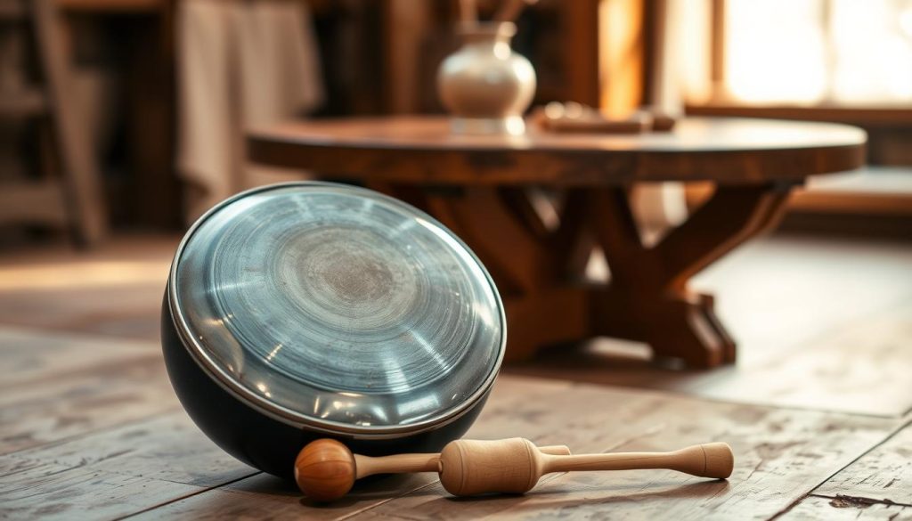 A beautifully crafted steel tongue drum, featuring a smooth and shiny surface with distinct tonal grooves, sits prominently in the foreground. The drum reflects light, showcasing its metallic blue and silver tones. Surrounding the drum are a pair of mallets, elegantly resting nearby, suggesting a moment of pause after play. In the middle ground, a softly blurred background features a rustic wooden table and hints of an intimate performance setting, such as low ambient lighting that casts warm shadows. The atmosphere is serene and contemplative, ideal for evoking the historical significance of the instrument. The image captures the essence of relaxation and musical harmony, with a soft focus effect that enhances the drum's visual allure.