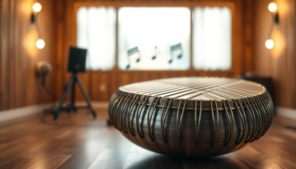 A beautifully crafted steel tongue drum, intricately designed with a smooth, brushed metal finish reflecting warm light. The drum is positioned prominently in the foreground, showcasing its curved surface and distinctive tongues, which are arranged in a harmonious pattern. In the middle ground, soft, blurred musical notes seem to emanate from the drum, suggesting an ethereal sound quality. The background is a serene, softly lit wooden studio space with gentle ambient lighting that creates a tranquil atmosphere, highlighting the craftsmanship of the instrument. Use a shallow depth of field to emphasize the drum while keeping the background subtly out of focus. The mood is calming and inviting, perfect for an exploration of selecting a musical instrument. A beautifully crafted steel tongue drum, intricately designed with a smooth, brushed metal finish reflecting warm light. The drum is positioned prominently in the foreground, showcasing its curved surface and distinctive tongues, which are arranged in a harmonious pattern. In the middle ground, soft, blurred musical notes seem to emanate from the drum, suggesting an ethereal sound quality. The background is a serene, softly lit wooden studio space with gentle ambient lighting that creates a tranquil atmosphere, highlighting the craftsmanship of the instrument. Use a shallow depth of field to emphasize the drum while keeping the background subtly out of focus. The mood is calming and inviting, perfect for an exploration of selecting a musical instrument.