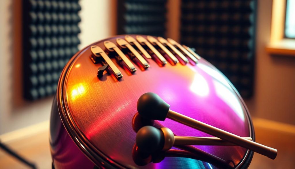 A beautifully crafted steel tongue drum, showcasing its shiny metallic surface with vibrant colors reflecting the light. The drum is positioned prominently in the foreground, displaying its distinct, curved tongues and intricate tuning patterns. Soft, warm ambient light from the side creates gentle highlights and shadows, adding depth and texture to the scene. In the middle ground, a pair of mallets rests beside the drum, emphasizing its musical purpose. The background is softly blurred, featuring hints of a cozy, soundproof room, suggesting an intimate atmosphere for musical exploration. This setup conveys a sense of calm and focus, inviting the viewer to appreciate the acoustic beauty of the steel tongue drum. A beautifully crafted steel tongue drum, showcasing its shiny metallic surface with vibrant colors reflecting the light. The drum is positioned prominently in the foreground, displaying its distinct, curved tongues and intricate tuning patterns. Soft, warm ambient light from the side creates gentle highlights and shadows, adding depth and texture to the scene. In the middle ground, a pair of mallets rests beside the drum, emphasizing its musical purpose. The background is softly blurred, featuring hints of a cozy, soundproof room, suggesting an intimate atmosphere for musical exploration. This setup conveys a sense of calm and focus, inviting the viewer to appreciate the acoustic beauty of the steel tongue drum.