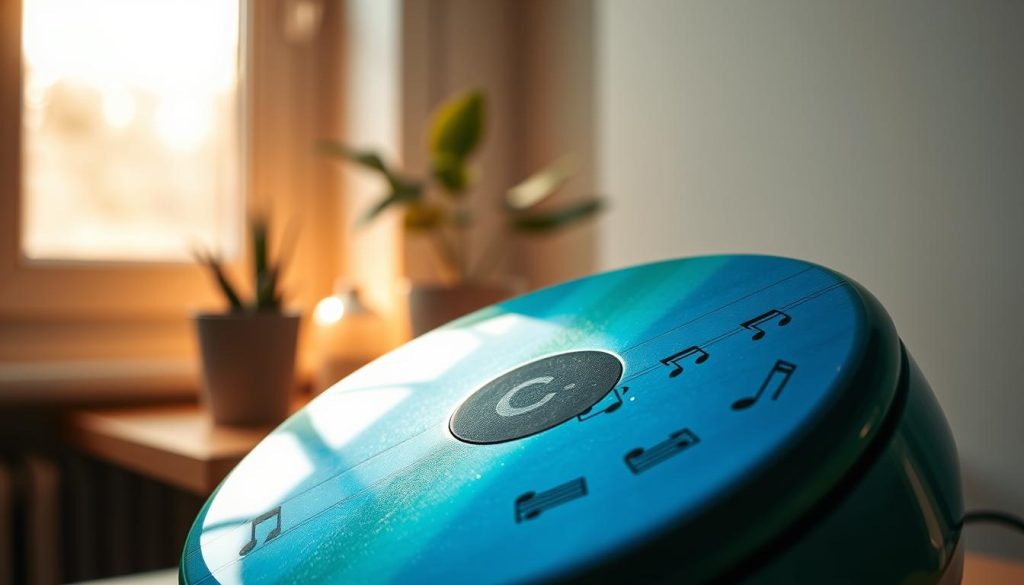 A beautifully crafted tongue drum in C major, featuring a smooth, glossy finish and vibrant hues of blue and green. This instrument is placed in the foreground, highlighting its intricate and harmonious design, with visible tonal notes engraved on its surface. The middle layer shows a serene indoor setting, softly lit by warm, ambient light filtering through a nearby window, casting gentle shadows and creating a cozy atmosphere. In the background, a pair of minimalist plants add a touch of nature, enhancing the tranquil mood. The image is captured from a slight angle, emphasizing the rounded shape of the drum and inviting the viewer to explore its sound visually. Overall, the composition reflects the calming and meditative qualities of the tongue drum.