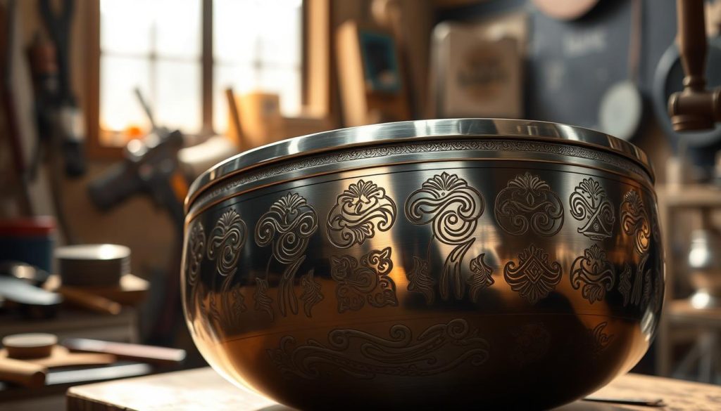 A beautifully crafted tongue drum made of polished steel, showcasing a variety of intricate patterns etched into its surface. In the foreground, the drum is positioned at an angle that highlights its curved edges and rich metallic sheen. The background features a softly blurred workshop environment, with tools and materials hinting at the fabrication process. Warm, natural lighting streams in from a nearby window, casting gentle shadows that reveal the craftsmanship details. The atmosphere is calm and inviting, emphasizing the artisanal nature of the tongue drum. The image should have a focus depth that draws the viewer's eye to the drum while keeping the background subtle, evoking a sense of creativity and skill in metalwork. A beautifully crafted tongue drum made of polished steel, showcasing a variety of intricate patterns etched into its surface. In the foreground, the drum is positioned at an angle that highlights its curved edges and rich metallic sheen. The background features a softly blurred workshop environment, with tools and materials hinting at the fabrication process. Warm, natural lighting streams in from a nearby window, casting gentle shadows that reveal the craftsmanship details. The atmosphere is calm and inviting, emphasizing the artisanal nature of the tongue drum. The image should have a focus depth that draws the viewer's eye to the drum while keeping the background subtle, evoking a sense of creativity and skill in metalwork.
