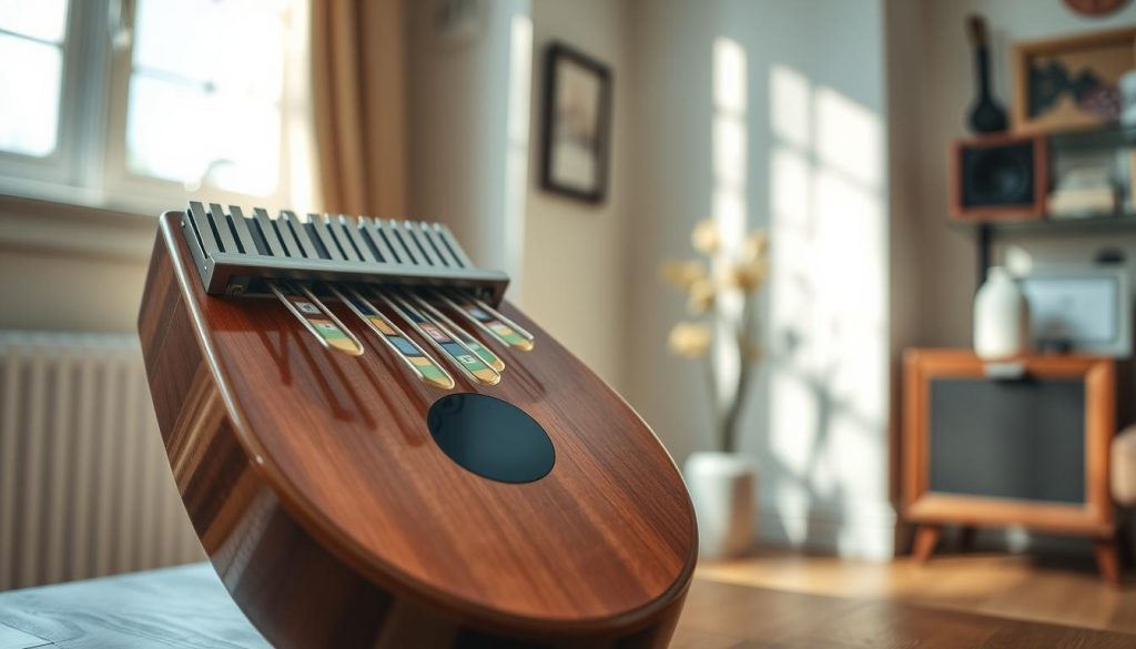 A beautifully crafted tongue drum with a pentatonic scale, featuring an intricate design and glossy wood finish, sits prominently in the foreground. Each note area is distinct and colorful, showcasing various shades of blue, green, and gold, inviting the viewer to explore its musical potential. In the middle ground, soft, serene natural lighting filters through a nearby window, creating gentle shadows that emphasize the curves of the drum. In the background, a tastefully decorated room with calming tones and acoustic elements hints at a creative space ideal for improvisation. The atmosphere is peaceful and inspiring, encouraging a sense of tranquility and artistic exploration in music. The composition captures the essence of choosing the right number of notes for personal practice and improvisation. A beautifully crafted tongue drum with a pentatonic scale, featuring an intricate design and glossy wood finish, sits prominently in the foreground. Each note area is distinct and colorful, showcasing various shades of blue, green, and gold, inviting the viewer to explore its musical potential. In the middle ground, soft, serene natural lighting filters through a nearby window, creating gentle shadows that emphasize the curves of the drum. In the background, a tastefully decorated room with calming tones and acoustic elements hints at a creative space ideal for improvisation. The atmosphere is peaceful and inspiring, encouraging a sense of tranquility and artistic exploration in music. The composition captures the essence of choosing the right number of notes for personal practice and improvisation.