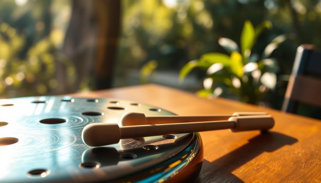 A close-up view of a beautifully crafted steel tongue drum, showcasing its intricate structure with vibrant hues of blue, green, and gold. The foreground features the drum with its cut-out tongues gleaming under soft, ambient light, highlighting the craftsmanship and details of the metal surface. In the middle ground, a pair of mallets sits ready for playing, with gentle shadows casting across the polished wood tabletop. The background fades into a serene, softly blurred natural setting with hints of greenery, embodying a tranquil atmosphere ideal for musical improvisation. The lighting is warm, creating an inviting mood that evokes creativity and inspiration, captured from a slightly angled perspective to emphasize depth and dimension. A close-up view of a beautifully crafted steel tongue drum, showcasing its intricate structure with vibrant hues of blue, green, and gold. The foreground features the drum with its cut-out tongues gleaming under soft, ambient light, highlighting the craftsmanship and details of the metal surface. In the middle ground, a pair of mallets sits ready for playing, with gentle shadows casting across the polished wood tabletop. The background fades into a serene, softly blurred natural setting with hints of greenery, embodying a tranquil atmosphere ideal for musical improvisation. The lighting is warm, creating an inviting mood that evokes creativity and inspiration, captured from a slightly angled perspective to emphasize depth and dimension.
