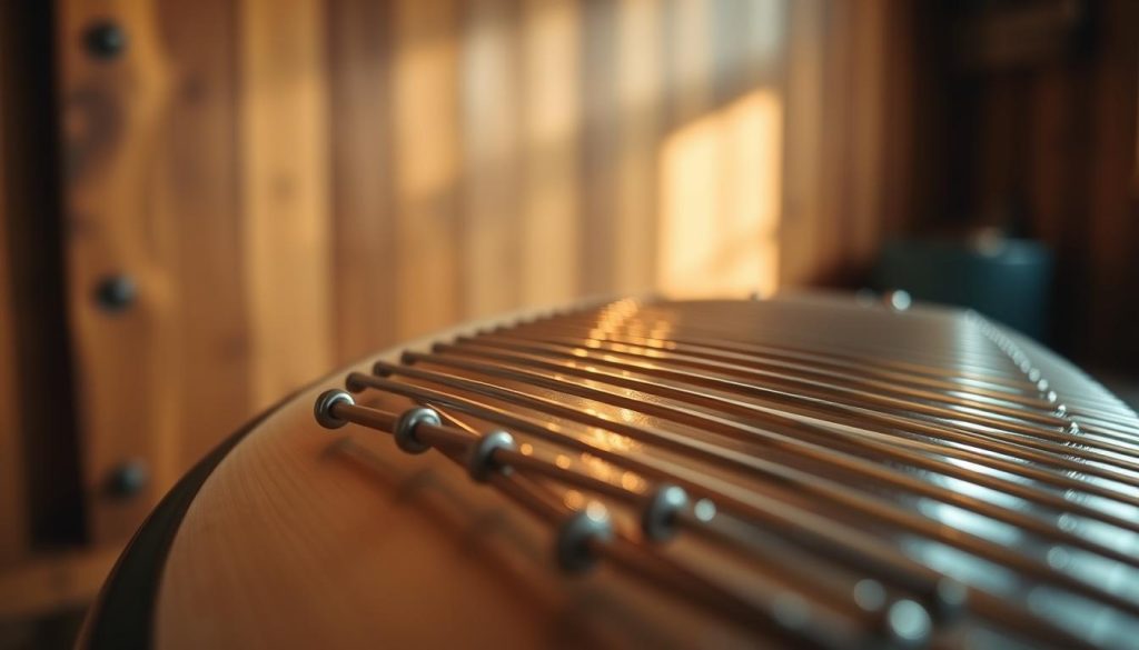 A close-up view of a tongue drum in C major, showcasing the intricate metal tongues and their resonant characteristics. In the foreground, focus on the gleaming, hand-tuned tongues, highlighting their varying lengths and curvature. The middle ground features soft sound waves emanating from the drum, visually representing the acoustic function, with a soft, blurred bokeh effect for depth. The background includes a serene, wooden room with subtle natural lighting, casting gentle shadows that enhance the textures of the tongue drum. The atmosphere conveys harmony and tranquility, with warm tones inviting an appreciation of sound and craftsmanship. Ideal lighting for clarity and detail, shot with a 50mm lens at a slight angle to emphasize the craftsmanship of the instrument.