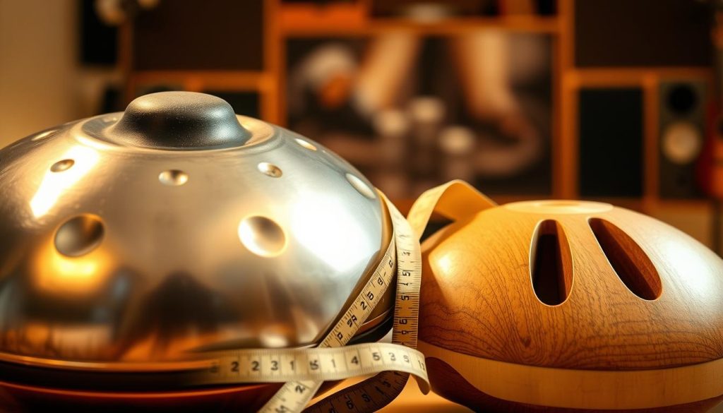 A detailed close-up of a handpan and tongue drum, showcasing their unique shapes and textures. The handpan, a metallic, dome-shaped instrument with multiple dimples, sits prominently in the foreground, reflecting soft light that highlights its polished surface. Beside it, the tongue drum, a round, gently curving instrument with slits resembling tongues, brings a natural wooden tone, its color contrasting with the sleek handpan. In the middle ground, a measuring tape unfurls beside them, emphasizing the dimensions and weight of the instruments. The background features a softly blurred image of a serene music studio, illuminated by warm, ambient lighting, creating a calm and inviting atmosphere. The overall scene captures the essence of musical craftsmanship and the intricate relationship between these two instruments. A detailed close-up of a handpan and tongue drum, showcasing their unique shapes and textures. The handpan, a metallic, dome-shaped instrument with multiple dimples, sits prominently in the foreground, reflecting soft light that highlights its polished surface. Beside it, the tongue drum, a round, gently curving instrument with slits resembling tongues, brings a natural wooden tone, its color contrasting with the sleek handpan. In the middle ground, a measuring tape unfurls beside them, emphasizing the dimensions and weight of the instruments. The background features a softly blurred image of a serene music studio, illuminated by warm, ambient lighting, creating a calm and inviting atmosphere. The overall scene captures the essence of musical craftsmanship and the intricate relationship between these two instruments.