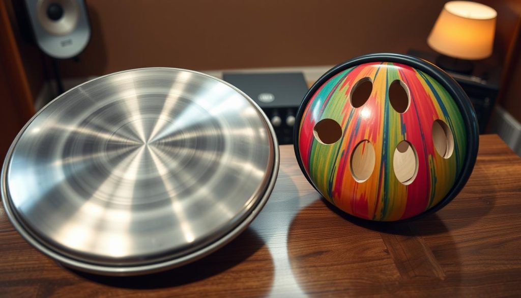 A detailed comparison of a handpan and a tongue drum, arranged side by side on a polished wooden table. The handpan, with its gleaming metallic surface and captivating circular tones, is positioned on the left, while the tongue drum, featuring vibrant colors and distinct cut-outs, is on the right. The background showcases a soft, blurred music studio with warm ambient lighting, creating an inviting atmosphere. The camera angle is slightly above eye level, offering a clear view of the instruments, highlighting their unique shapes and textures. Soft shadows enhance the sense of depth, allowing the viewer to appreciate the craftsmanship and variety in price points between the two instruments, evoking curiosity and appreciation for the art of music. A detailed comparison of a handpan and a tongue drum, arranged side by side on a polished wooden table. The handpan, with its gleaming metallic surface and captivating circular tones, is positioned on the left, while the tongue drum, featuring vibrant colors and distinct cut-outs, is on the right. The background showcases a soft, blurred music studio with warm ambient lighting, creating an inviting atmosphere. The camera angle is slightly above eye level, offering a clear view of the instruments, highlighting their unique shapes and textures. Soft shadows enhance the sense of depth, allowing the viewer to appreciate the craftsmanship and variety in price points between the two instruments, evoking curiosity and appreciation for the art of music.
