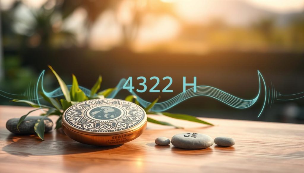 A serene and harmonious scene centered around a beautifully crafted tongue drum tuned to the frequency of 432 Hz. In the foreground, the tongue drum is adorned with intricate patterns reflecting natural motifs, placed on a polished wooden surface. Soft, warm lighting illuminates the drum, casting gentle shadows and creating an inviting atmosphere. In the middle ground, lush green plants and smooth stones add a touch of nature, blending with the ethereal sound waves visually represented around the drum, symbolizing the calming effects of its frequency. The background features a blurred, tranquil landscape, perhaps a peaceful garden or forest, evoking feelings of relaxation and balance. The composition is captured with a soft focus, using a gentle lens to enhance the dreamlike quality of the scene.