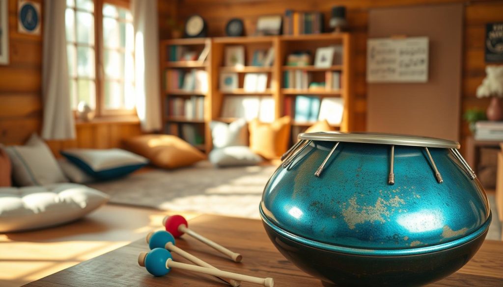 A serene, inviting scene featuring a beautifully crafted steel tongue drum in the foreground, showcasing its metallic surface with vibrant tones of blue and gold. The drum is prominently placed on a wooden table, surrounded by colorful mallets that invite beginner players to engage. In the middle ground, a cozy room with soft, natural lighting streams in from a window, illuminating the warm wooden walls and scattered cushions, enhancing the comforting atmosphere. In the background, a bookshelf filled with music books and beginner guides creates a sense of learning and exploration. The overall mood is inspiring, encouraging creativity and musical expression for beginners and children, with a focus on the joy of discovering music through the tongue drum.