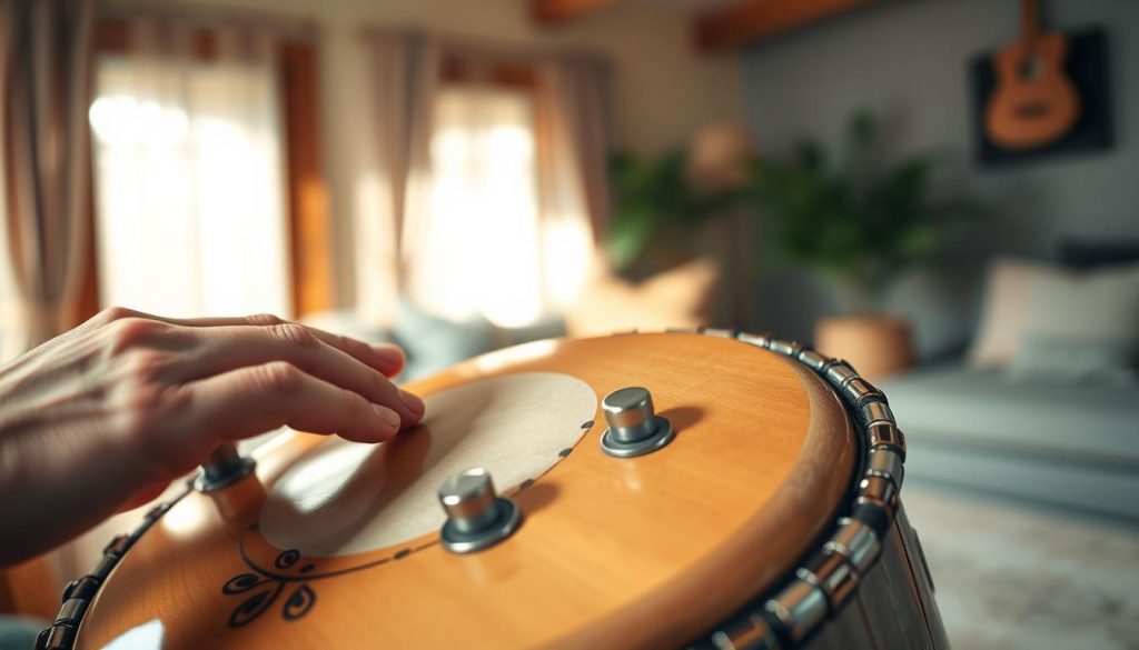 A serene setting featuring a close-up of a tongue drum being played, showcasing various striking techniques to enrich melodies. In the foreground, focus on hands gently tapping the drum's surface, with fingers positioned to demonstrate different striking methods such as mallets, finger taps, and rim strikes. The middle ground reveals the beautifully crafted drum with intricate designs, reflecting soft wood tones and metallic accents. In the background, a blurred peaceful environment such as a cozy room or outdoor setting with soft natural light casting gentle shadows, enhancing the tranquil atmosphere. The image should convey a sense of creativity and relaxation, inviting viewers to embrace the art of improvisation. Use a soft focus lens to create depth, setting the scene with warm, inviting lighting that highlights the textures of the drum. A serene setting featuring a close-up of a tongue drum being played, showcasing various striking techniques to enrich melodies. In the foreground, focus on hands gently tapping the drum's surface, with fingers positioned to demonstrate different striking methods such as mallets, finger taps, and rim strikes. The middle ground reveals the beautifully crafted drum with intricate designs, reflecting soft wood tones and metallic accents. In the background, a blurred peaceful environment such as a cozy room or outdoor setting with soft natural light casting gentle shadows, enhancing the tranquil atmosphere. The image should convey a sense of creativity and relaxation, inviting viewers to embrace the art of improvisation. Use a soft focus lens to create depth, setting the scene with warm, inviting lighting that highlights the textures of the drum.